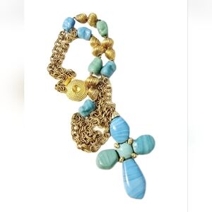 Vintage Judith McCann Chunky Blue Art Glass Cross Necklace Gold spiral chain